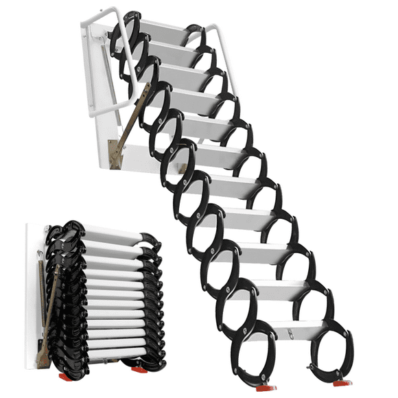 Flodable Attic Ladder, 12 Adjustable Steps, Durable Mg-Al, for Tight Garage, Basement, Loft