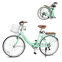 Floding Ladies Bicycle with Coffee Cup Holder,Basket & Rear Rack, 26 Inch Beach Cruiser Bike for Women, Retro Style 7 Speeds Commuter Bicycle, Green