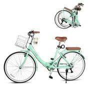 Floding Ladies Bicycle with Coffee Cup Holder,Basket & Rear Rack, 26 Inch Beach Cruiser Bike for Women, Retro Style 7 Speeds Commuter Bicycle, Green