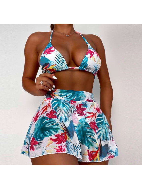 2 Piece Hawaiian Tropical Print Swimsuits for Women,Casual Loose Halter Tie Back Floral Print Bikini Set Bathing Suits with Cover Ups