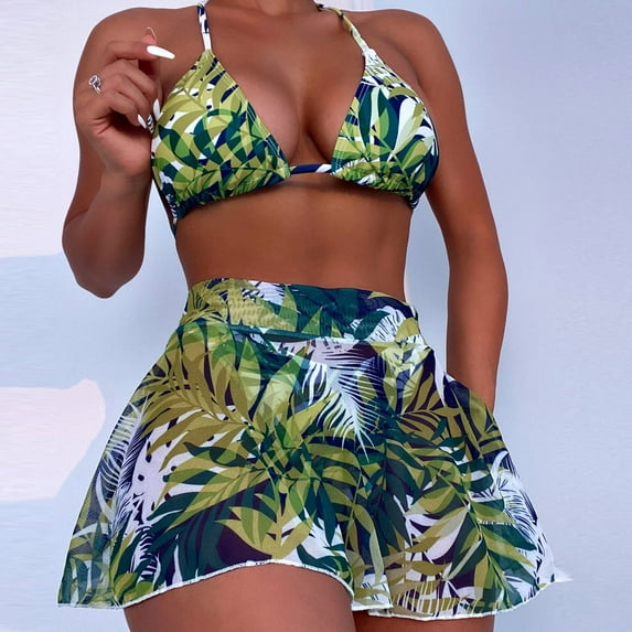 Floenr 2 Piece Hawaiian Tropical Print Swimsuits for Women,Casual Loose Halter Tie Back Floral Print Bikini Set Bathing Suits with Cover Ups