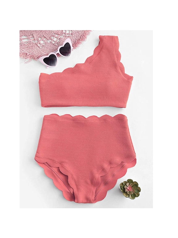 Bathing Suit for Women,Lady Vintage High Waisted Swimsuit Two Pieces Scalloped Trim One Shoulder Bikini