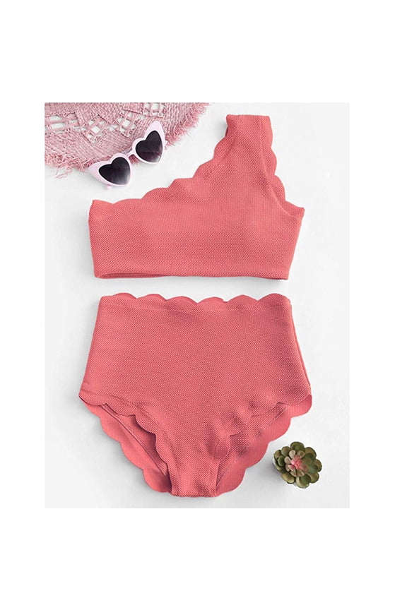 Bathing Suit for Women,Lady Vintage High Waisted Swimsuit Two Pieces Scalloped Trim One Shoulder Bikini