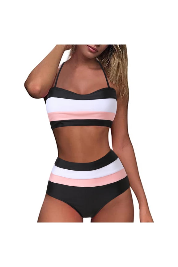 Bathing Suit for Women,Women Bandeau Padded Push Up Print High Waist Two Piece Swimwear Halter Tankini