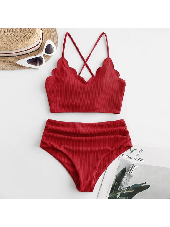 Bathing Suit for Women,Women Sexy Crisscross Back Solid High Waist Rib Bikini Set Two Piece Swimsuit