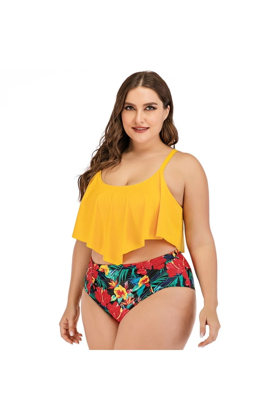 Bathing Suit for Women,Women's Printing Ruffle High Waist Plus Size Split Swimsuit Bikini Beachwear