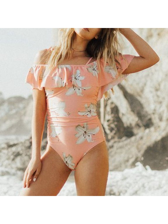 Bathing Suit for Women,Women's Sexy Off Back Floral Print Ruffle Off Shoulder One Piece Swimsuit Bikini