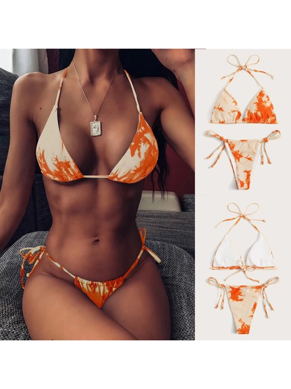 Bathing Suit for Women,Women's Sexy Tie-Dye Lace Up High Cut Leg Halter Bikini Set Two Piece Swimsuit