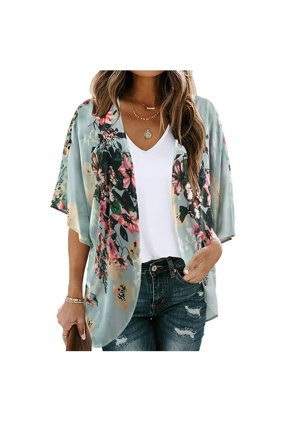 Cardigan For Women,Lightweight Women's Floral Print Puff Sleeve Kimono Cardigan Loose Chiffon Cover Up Casual Blouse Tops