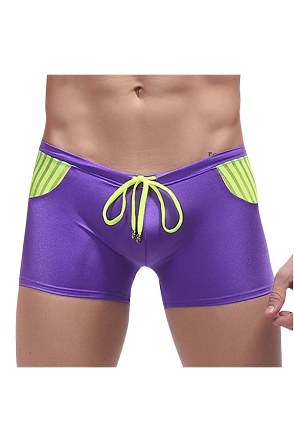 Mens Swimming Trunks,Men's Low Waist Solid Color Striped Drawstring Hot Spring Quick Dry Swimming Briefs