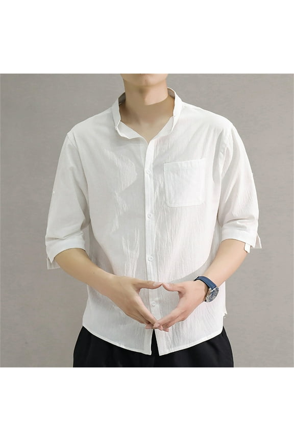 Mens T Shirts,Linen Shirt Men's New Stand-up Collar Thin Seven-point Short-sleeved Shirt Men
