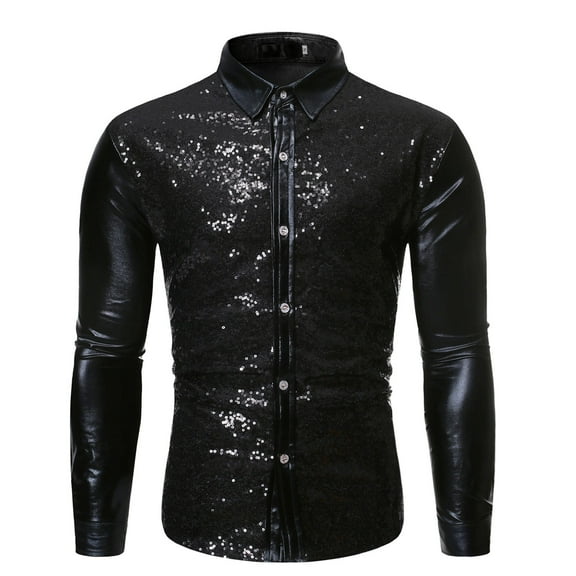 Floenr Mens T Shirts,Men Autumn Lapel Cool Sequined Casual Hot Stamping Process Dance Shirt