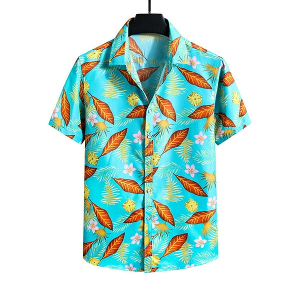 Floenr Mens T Shirts,Men Hawaiian Short Sleeve Beach Stand-up Collar Shirt Printed Summer Casual Button Down Shirts