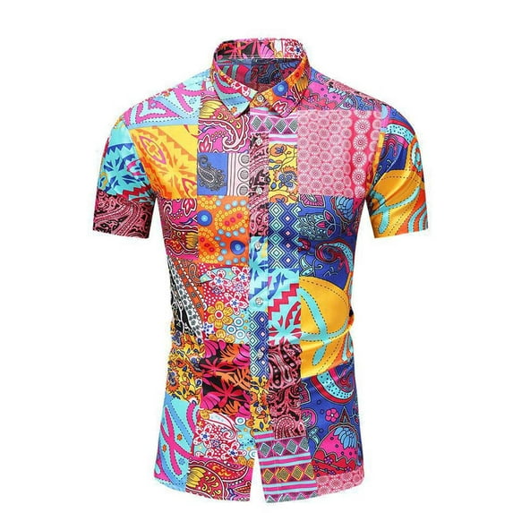 Floenr Mens T Shirts,Men Hawaiian Short Sleeve Beach Stand-up Collar Shirt Printed Summer Casual Button Down Shirts