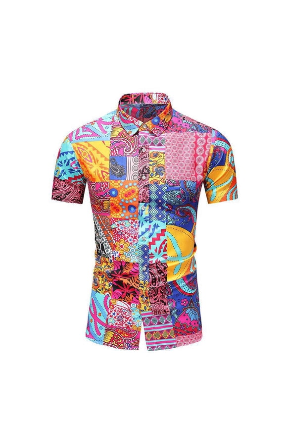 Mens T Shirts,Men Hawaiian Short Sleeve Beach Stand-up Collar Shirt Printed Summer Casual Button Down Shirts