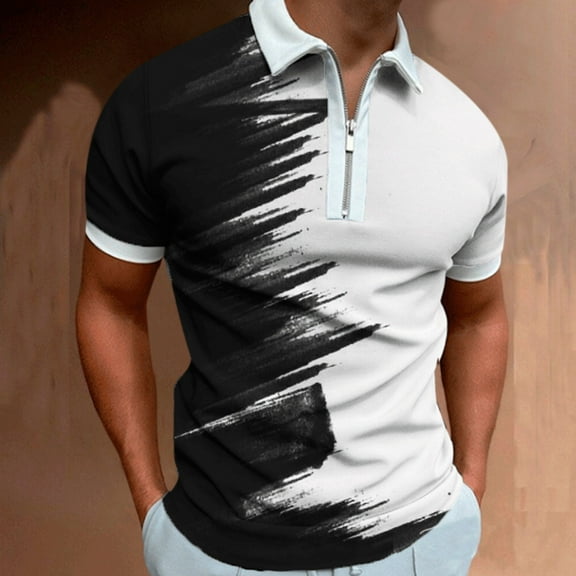 Floenr Mens T Shirts,Men's 3D Printed Lapel Half Zip Pullover Athleisure Short Sleeve T-Shirt