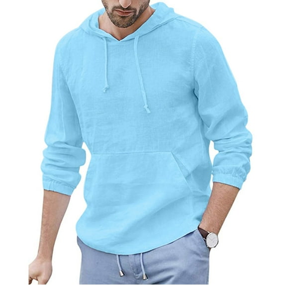 Floenr Mens T Shirts,Men's Baggy Cotton Linen Hooded Pocket Solid Long Sleeve Retro T Shirts Tops