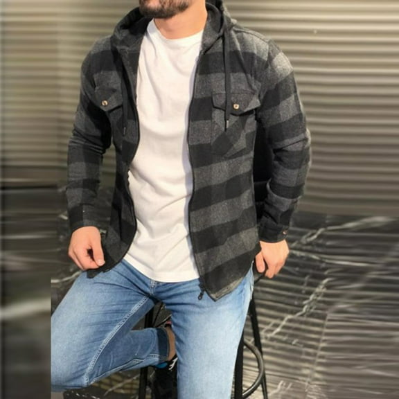 Floenr Mens T Shirts,Men's Fashion Casual Comfortable Hooded Plaid Shirt Jacket Long Sleeve Top