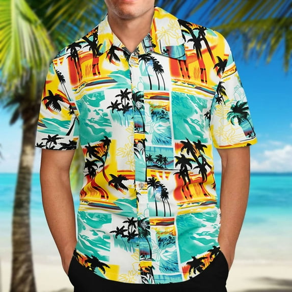 Floenr Mens T Shirts,Men's Hawaiian Print Lapel Short Sleeve Shirt
