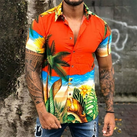Floenr Mens T Shirts,Men's Lapel Hawaiian Print Loose Short Sleeve Shirt