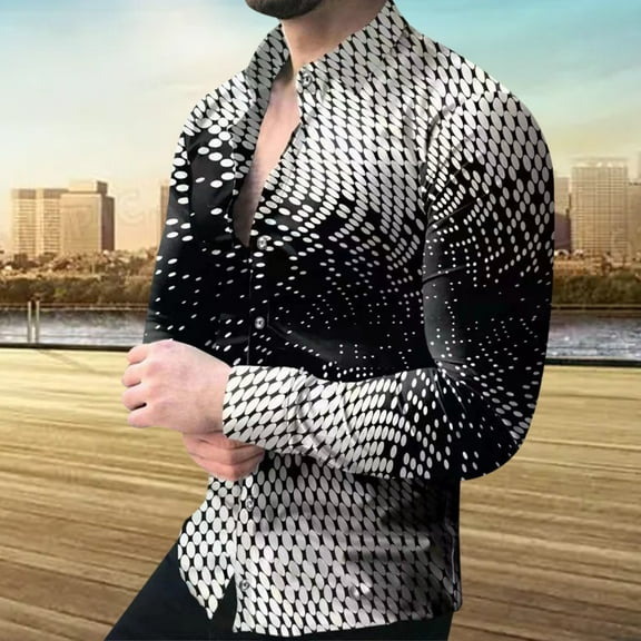 Floenr Mens T Shirts,Men's Long Sleeve Gradient Slim Geometric Graphic Printed Casual Shirt