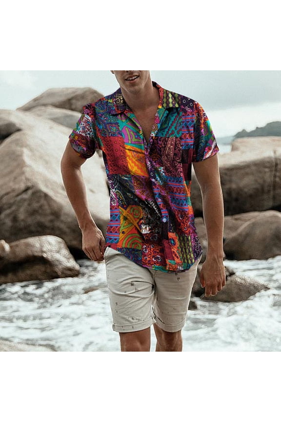 Mens T Shirts,Mens Ethnic Short Sleeve Casual Cotton Linen Printing Hawaiian Shirt Blouse