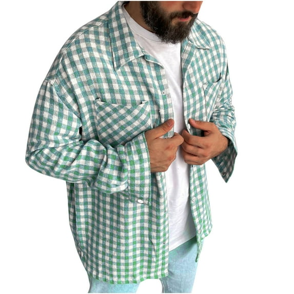 Floenr Mens T Shirts,Plaid Long Sleeve Single Breasted Lapel Collar Casual Men's Shirt