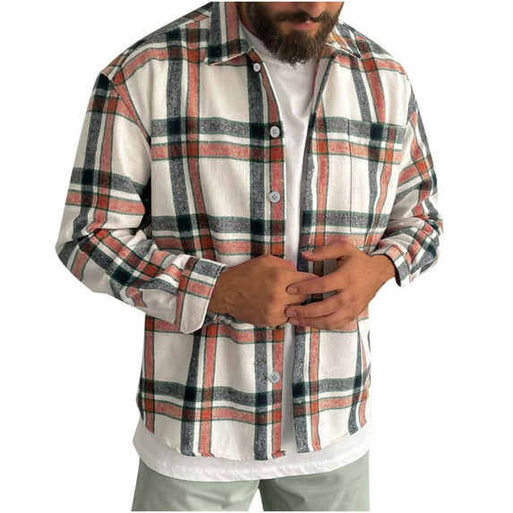 Floenr Mens T Shirts,Plaid Long Sleeve Single Breasted Lapel Collar Casual Men's Shirt