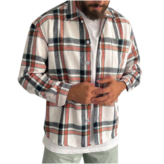 Floenr Mens T Shirts,Plaid Long Sleeve Single Breasted Lapel Collar Casual Men's Shirt