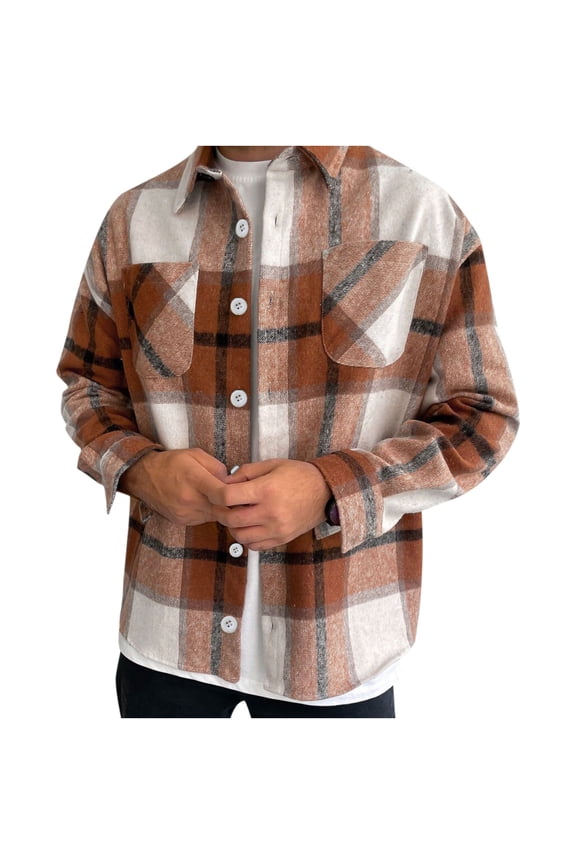 Mens T Shirts,Plaid Long Sleeve Single Breasted Lapel Collar Casual Men's Shirt