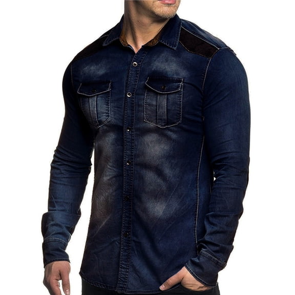 Floenr Mens T Shirts,Suede Color-blocking Button Lapel Wash Denim Long-sleeved Men's Shirt