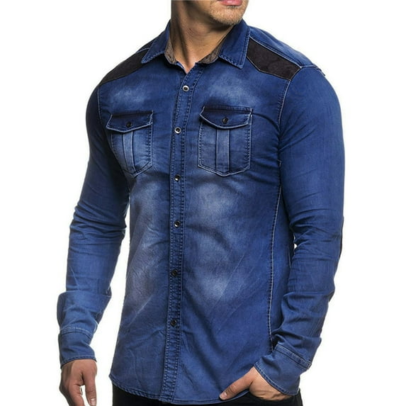 Floenr Mens T Shirts,Suede Color-blocking Button Lapel Wash Denim Long-sleeved Men's Shirt