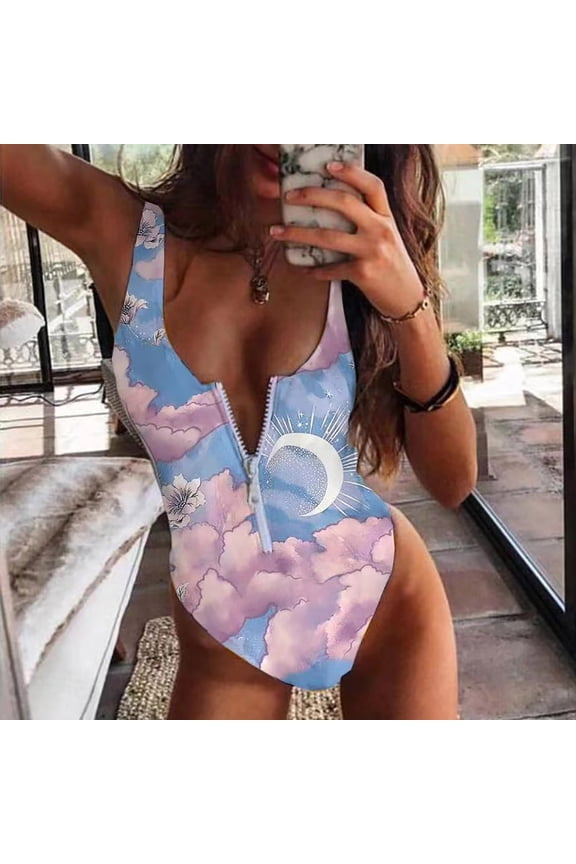 One Piece Floral Print Tankini&nbsp;Swimsuit Set,Wide Straps Open Back Bathing Suit Swimwear with Zip