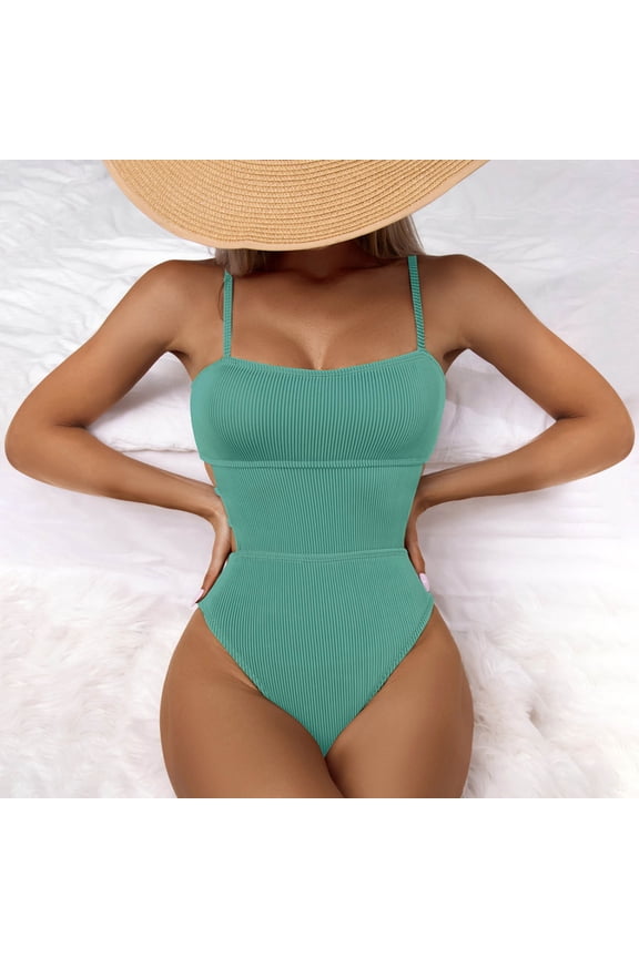 One Piece Women’s Bikini Swimsuit Set,Sexy Ribbed Halter Double Straps Front Wrap Bathing Suits,High Waisted Ruched Swimwear Beachwear