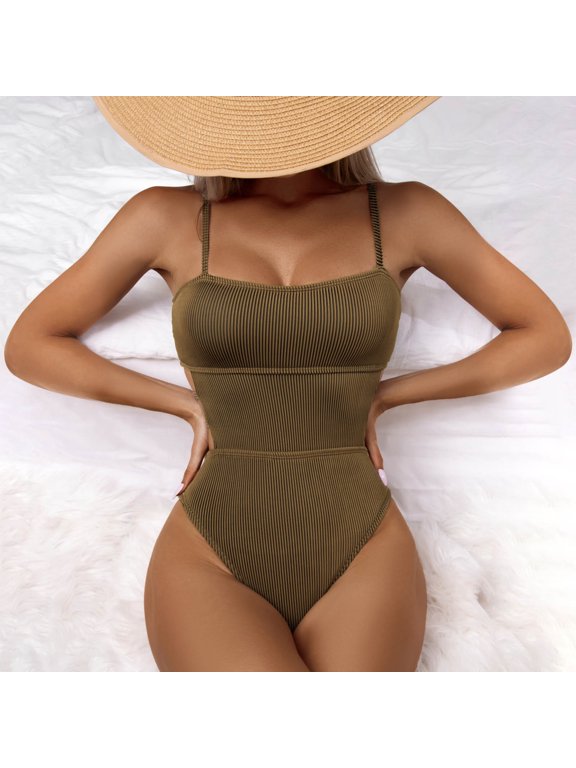One Piece Women’s Bikini Swimsuit Set,Sexy Ribbed Halter Double Straps Front Wrap Bathing Suits,High Waisted Ruched Swimwear Beachwear