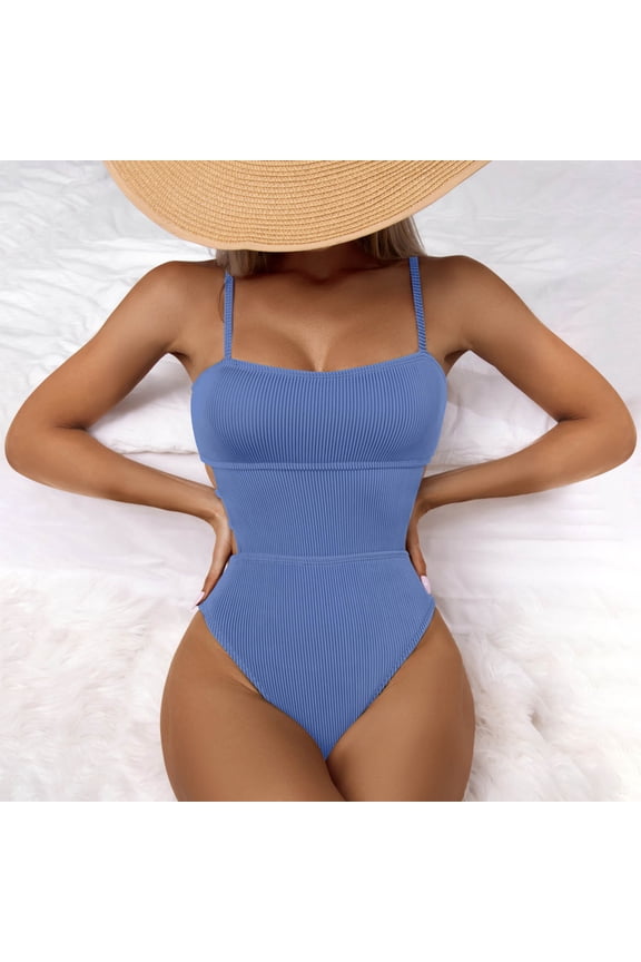 One Piece Women’s Bikini Swimsuit Set,Sexy Ribbed Halter Double Straps Front Wrap Bathing Suits,High Waisted Ruched Swimwear Beachwear