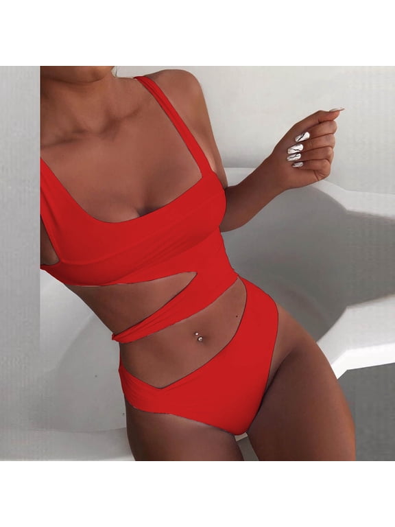 One Piece Womens Tankini Swimsuit,Sexy Double Straps Cutout Solid Bathing Suit,Low Waisted Hollow Tummy Control Bandage Swimwear Beachwear