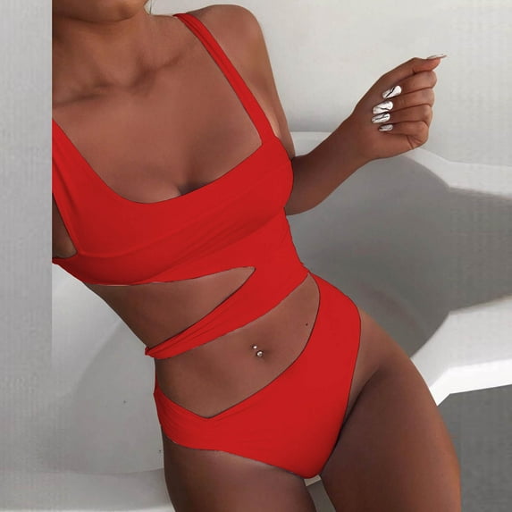 Floenr One Piece Women’s Tankini Swimsuit,Sexy Double Straps Cutout Solid Bathing Suit,Low Waisted Hollow Tummy Control Bandage Swimwear Beachwear