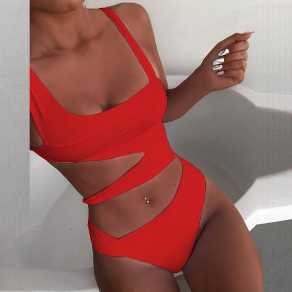 Floenr One Piece Womens Tankini Swimsuit,Sexy Double Straps Cutout Solid Bathing Suit,Low Waisted Hollow Tummy Control Bandage Swimwear Beachwear