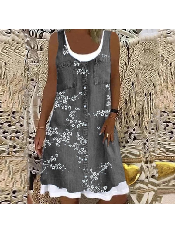Summer Dresses for Women,Women Fashion Casual Sexy Round-Neck Floral Printing Fake Two-Piece Dress