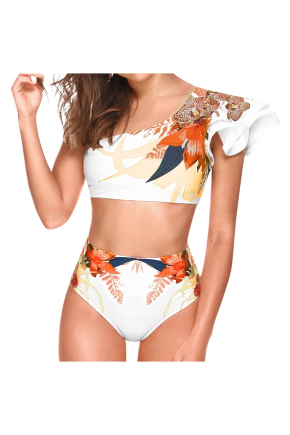 Two Piece Women's Sexy Bead Stripes Bikini Set,One-Shoulder Floral Print Halter Ruffled High Waisted Swimsuit Set Bathing Suits