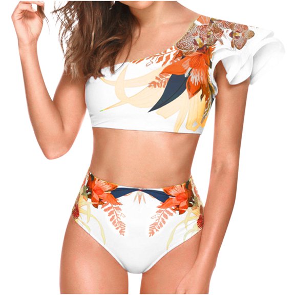 Floenr Two Piece Women's Sexy Bead Stripes Bikini Set,One-Shoulder Floral Print Halter Ruffled High Waisted Swimsuit Set Bathing Suits