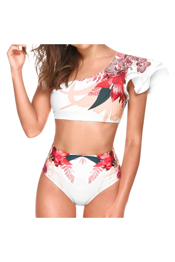 Two Piece Women's Sexy Bead Stripes Bikini Set,One-Shoulder Floral Print Halter Ruffled High Waisted Swimsuit Set Bathing Suits