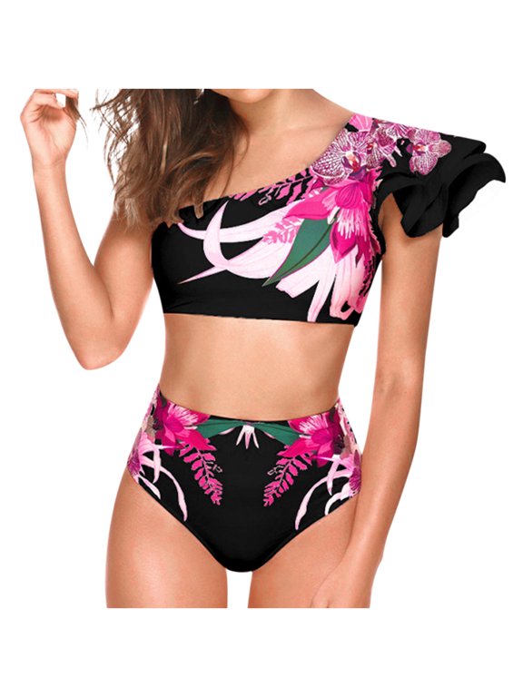 Two Piece Women's Sexy Bead Stripes Bikini Set,One-Shoulder Floral Print Halter Ruffled High Waisted Swimsuit Set Bathing Suits