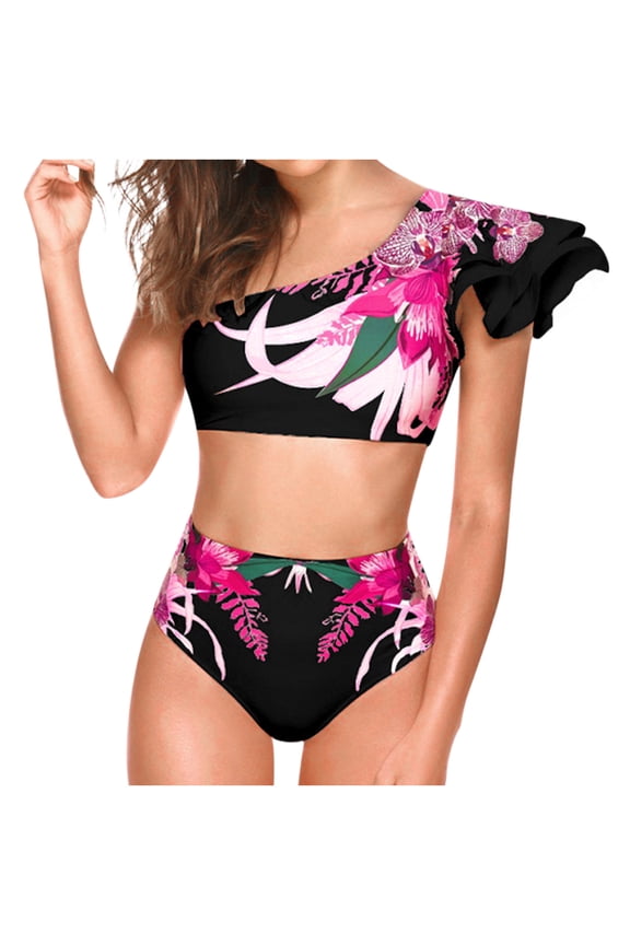 Two Piece Women's Sexy Bead Stripes Bikini Set,One-Shoulder Floral Print Halter Ruffled High Waisted Swimsuit Set Bathing Suits