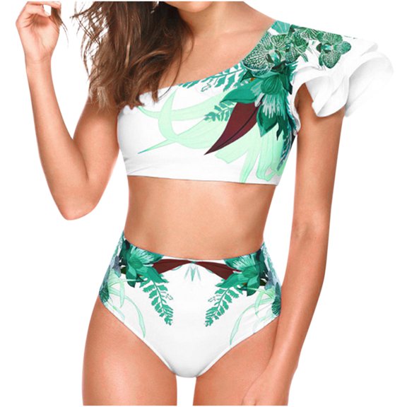 Floenr Two Piece Women's Sexy Bead Stripes Bikini Set,One-Shoulder Floral Print Halter Ruffled High Waisted Swimsuit Set Bathing Suits