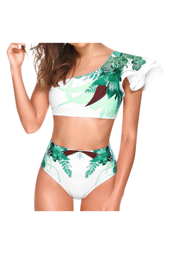 Two Piece Women's Sexy Bead Stripes Bikini Set,One-Shoulder Floral Print Halter Ruffled High Waisted Swimsuit Set Bathing Suits