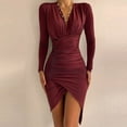 thumbnail image 1 of Floenr Women Sexy Slim Party Dress,V-Neck Solid Long Sleeve Ruched Summer Dresses,Empire Waist Split Mini Dress, 1 of 5