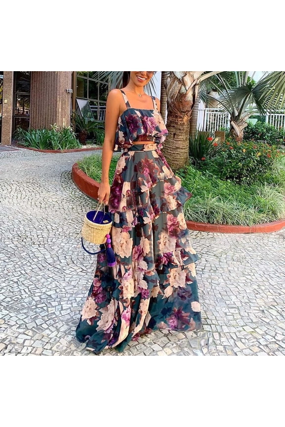 Women's Plus Size Tops,Women Sexy Wedding PrintDress Mopping Long Skirt Two PC Suit (Strap Top+Sirt)
