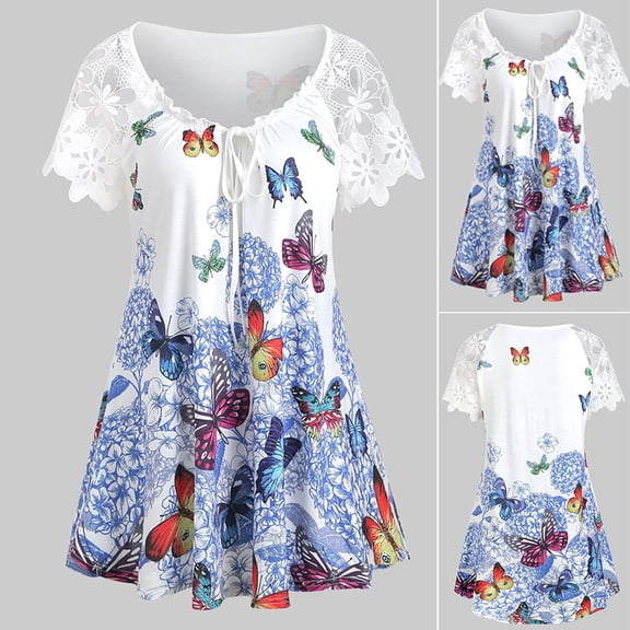 Floenr Women's Plus Size Tops,Women Summer Casual Plus Size Asymmetrical Butterfly Print Tank Top Lace Blouse